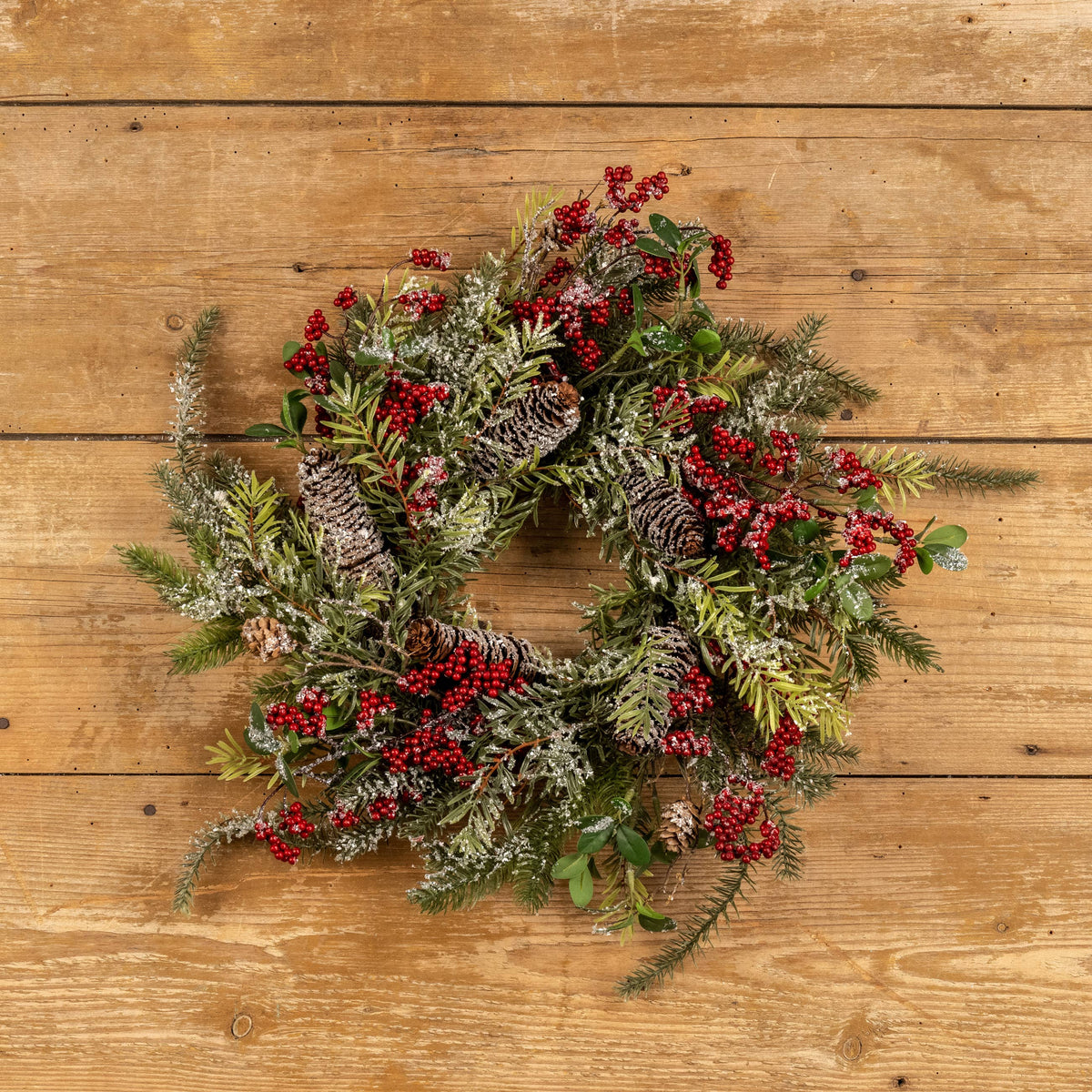 FROSTED MIXED FOLIAGE WREATH W/ RED BERRIES