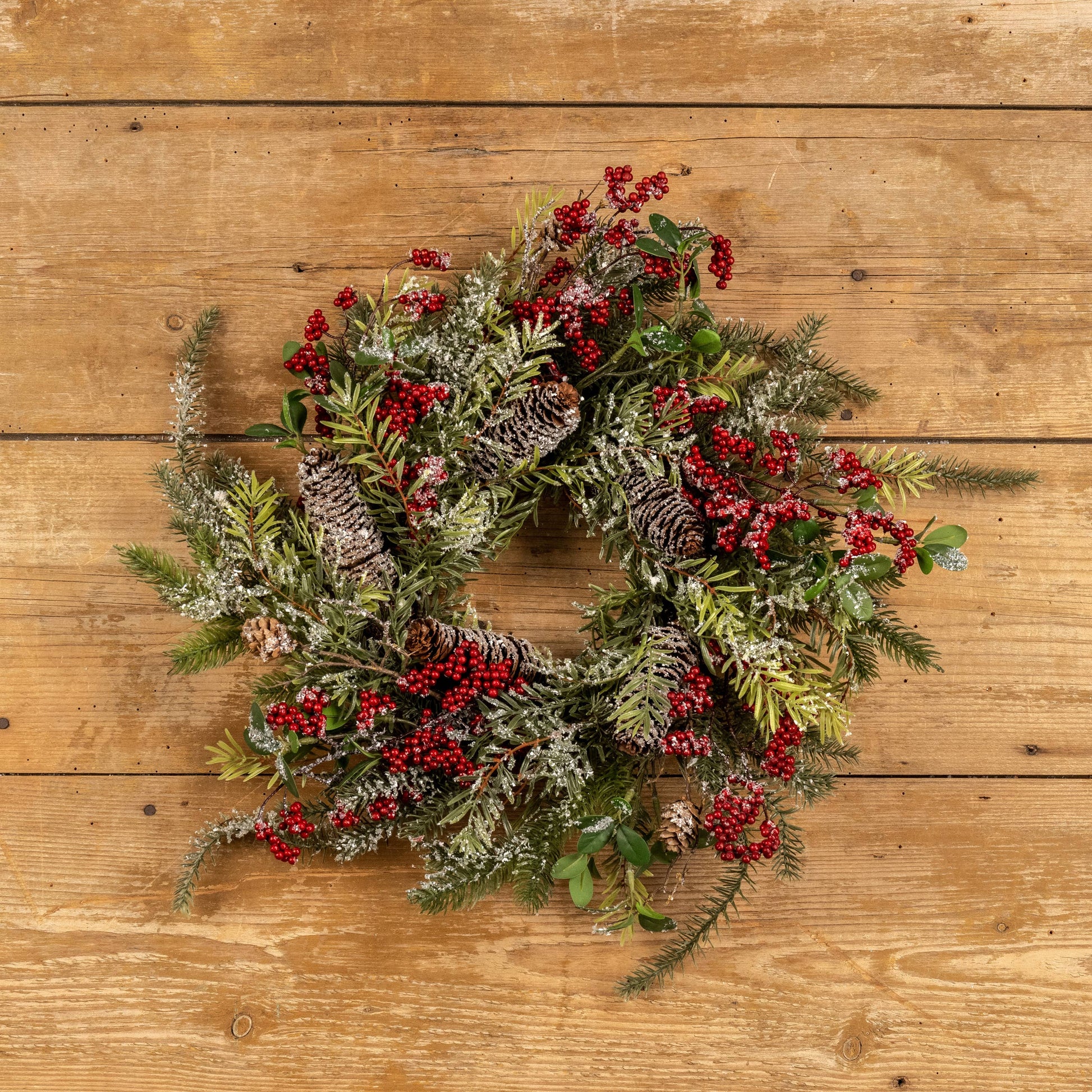 FROSTED MIXED FOLIAGE WREATH W/ RED BERRIES
