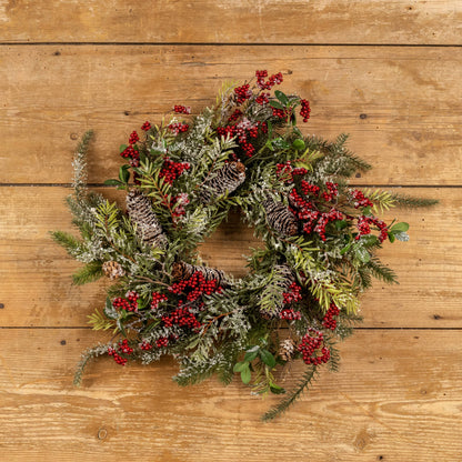 FROSTED MIXED FOLIAGE WREATH W/ RED BERRIES