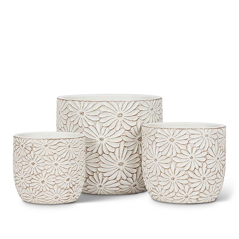 Sm Wht Daisy Round Planter-4"H