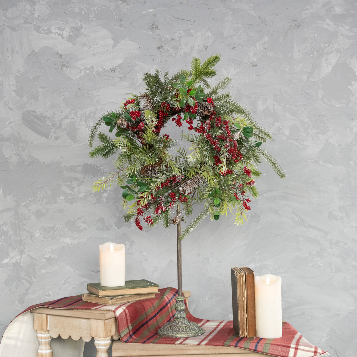 FROSTED MIXED FOLIAGE WREATH W/ RED BERRIES