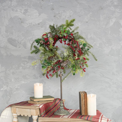 FROSTED MIXED FOLIAGE WREATH W/ RED BERRIES