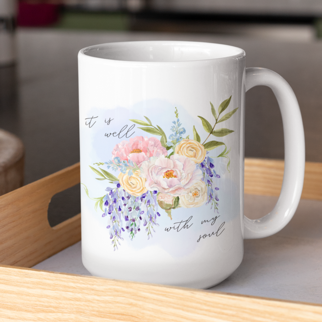 It Is Well Hymn Watercolor Floral Christian 15oz Ceramic Coffee Mug