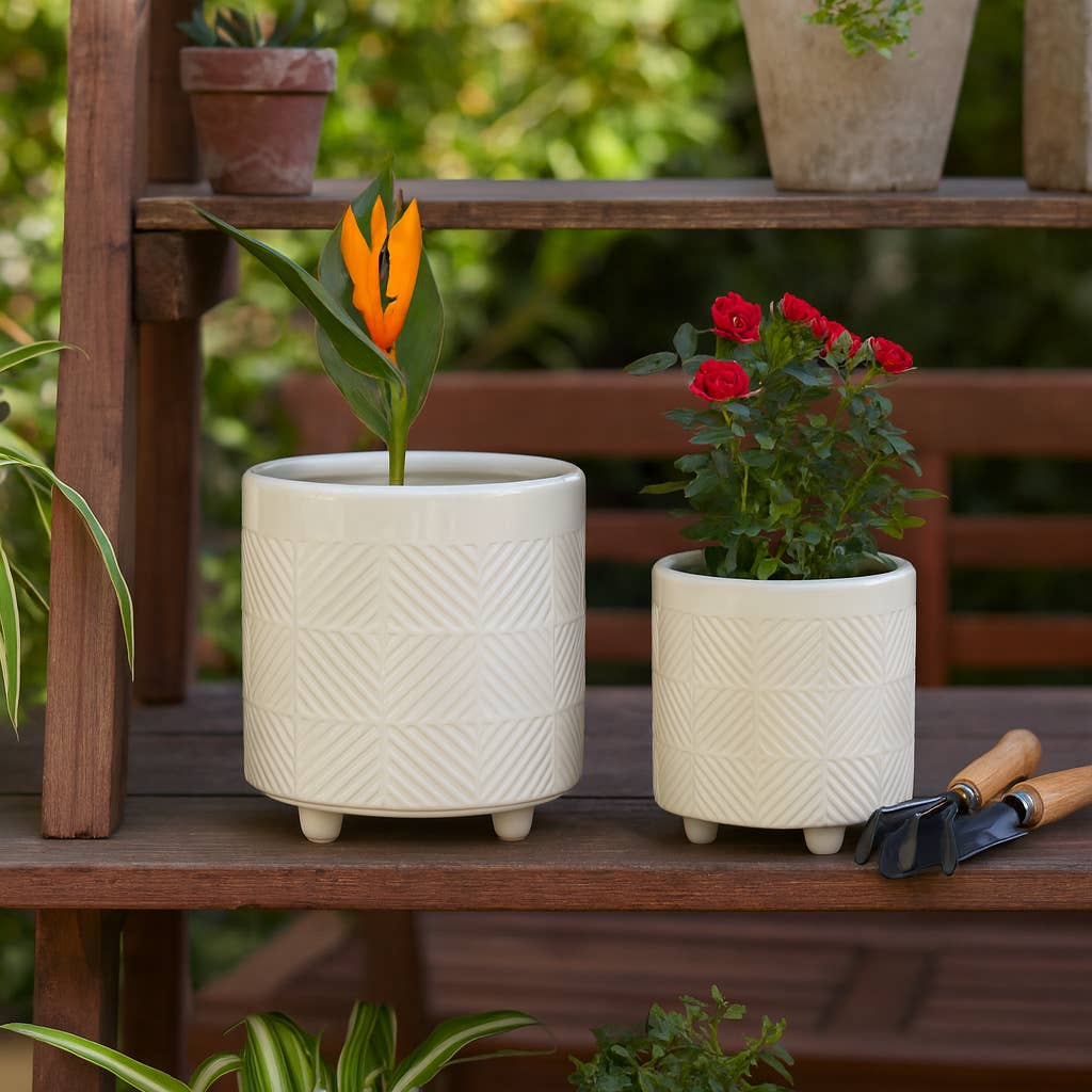 Planters Set of 2 - White Ceramic Textured Footed, 6/8 in.