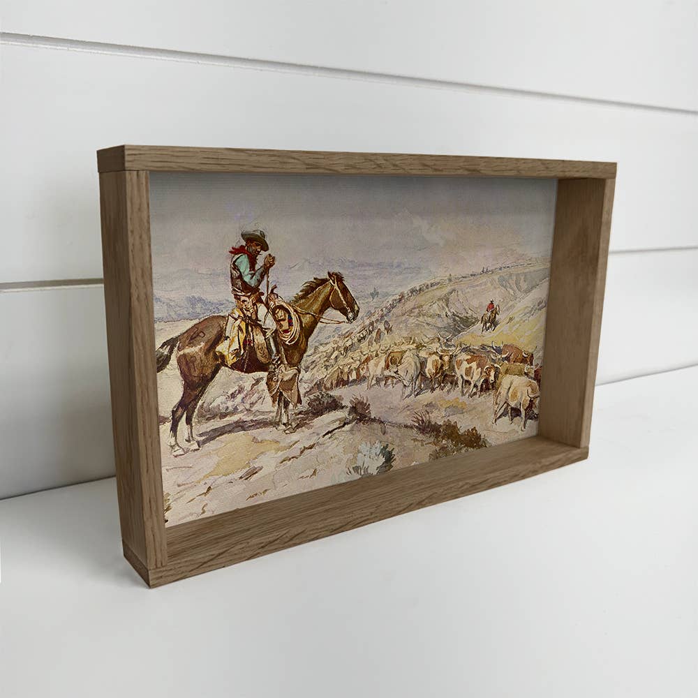 Cowboy Cattle Drive - Ranch House Canvas Art - Wood Framed 6x10