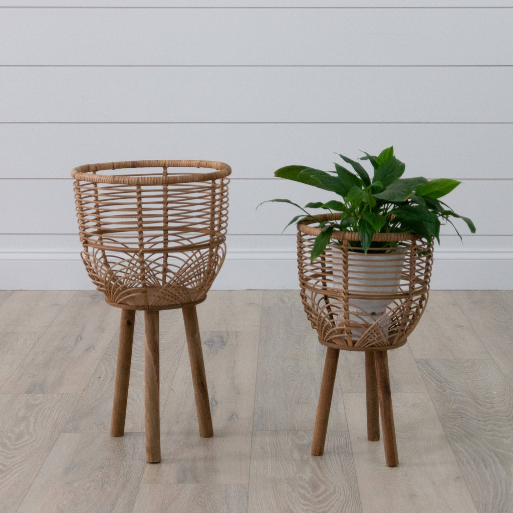 Woven Rattan Footed Baskets (Set Of 02)