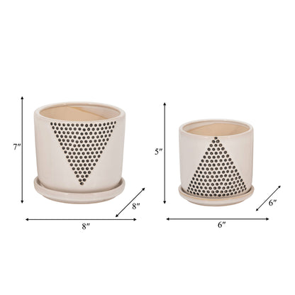 Planters Set of 2 - White Ceramic Triangle Dots, 6/8 in.