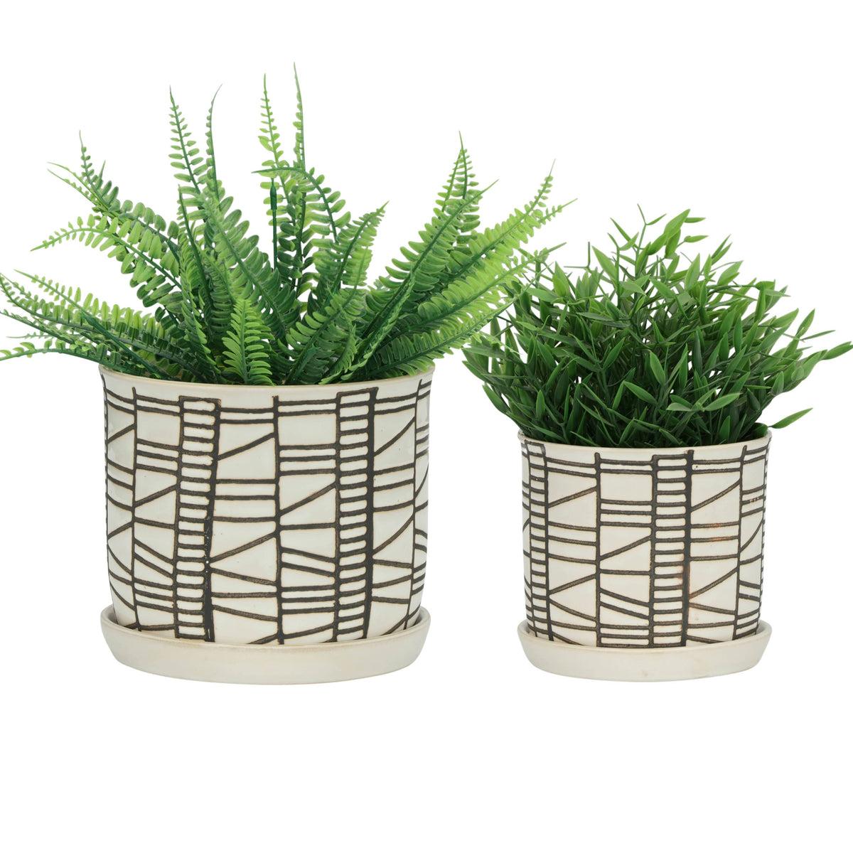 Planters Set of 2 - Beige Ceramic Geometric Saucer, 6/8 in.