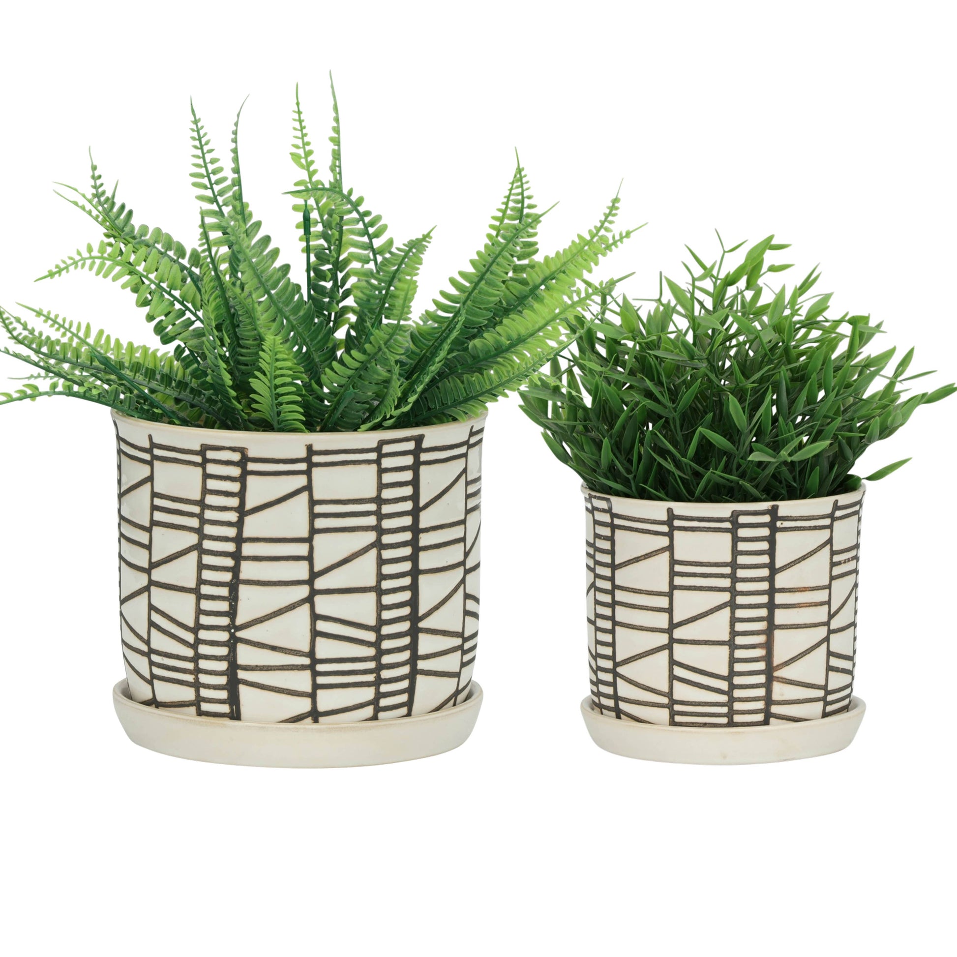 Planters Set of 2 - Beige Ceramic Geometric Saucer, 6/8 in.
