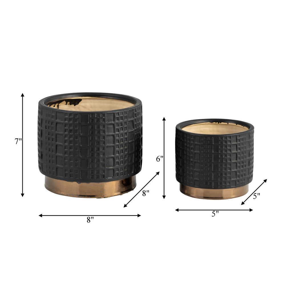 Planter Set of 2 - Black Ceramic Raised Mesh, 6/8 in.