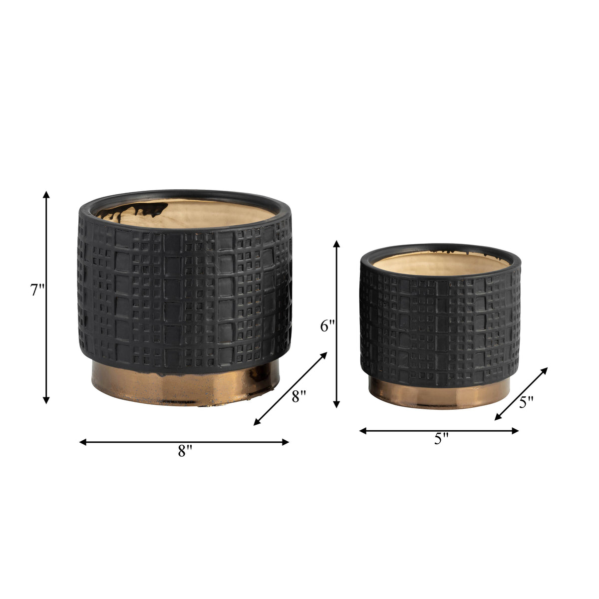 Planter Set of 2 - Black Ceramic Raised Mesh, 6/8 in.