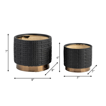 Planter Set of 2 - Black Ceramic Raised Mesh, 6/8 in.