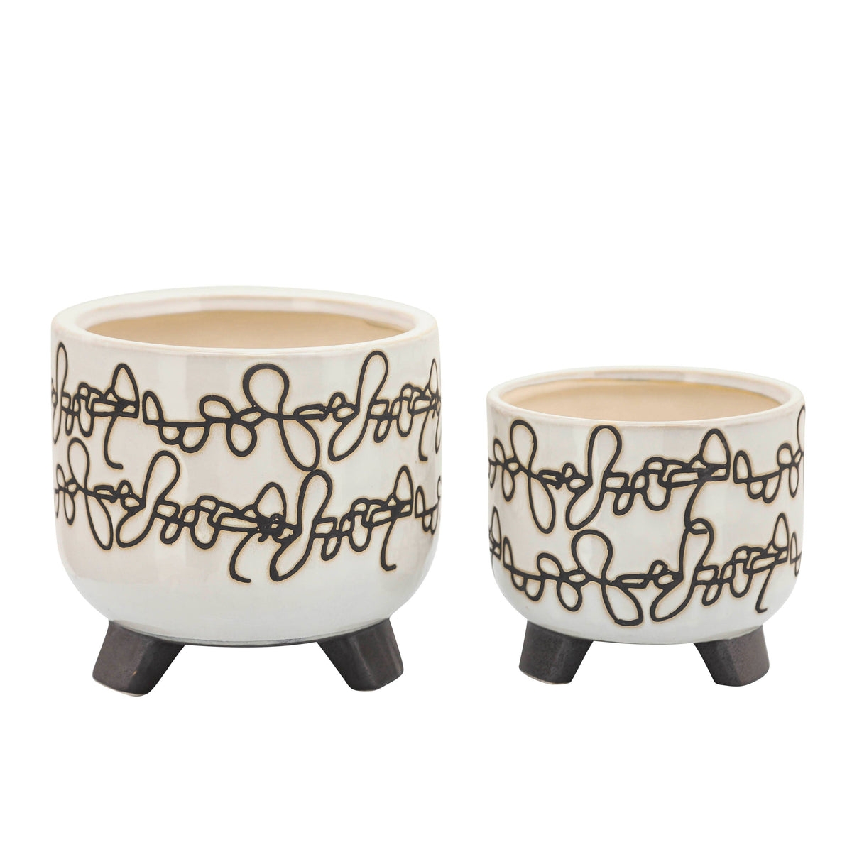 Planters Set of 2 - Beige Ceramic Scribble Footed, 6/8 in.