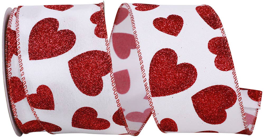Glitter Hearts Taffeta Wired Edge, White/red, 2-1/2 In