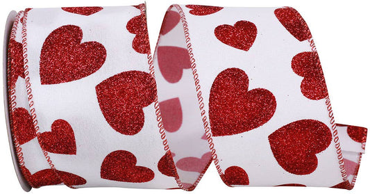 Glitter Hearts Taffeta Wired Edge, White/red, 2-1/2 In