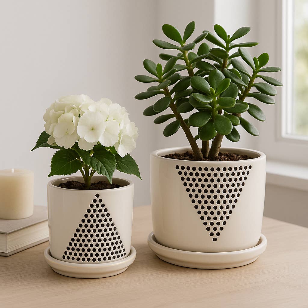 Planters Set of 2 - White Ceramic Triangle Dots, 6/8 in.