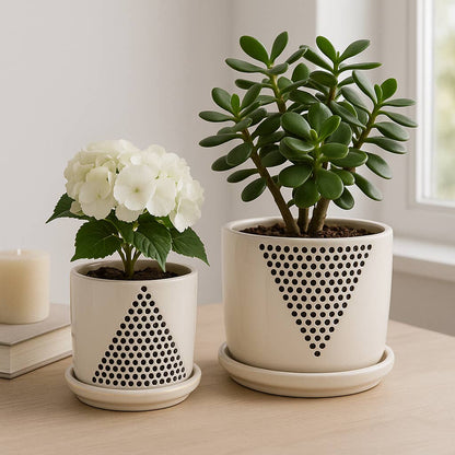 Planters Set of 2 - White Ceramic Triangle Dots, 6/8 in.