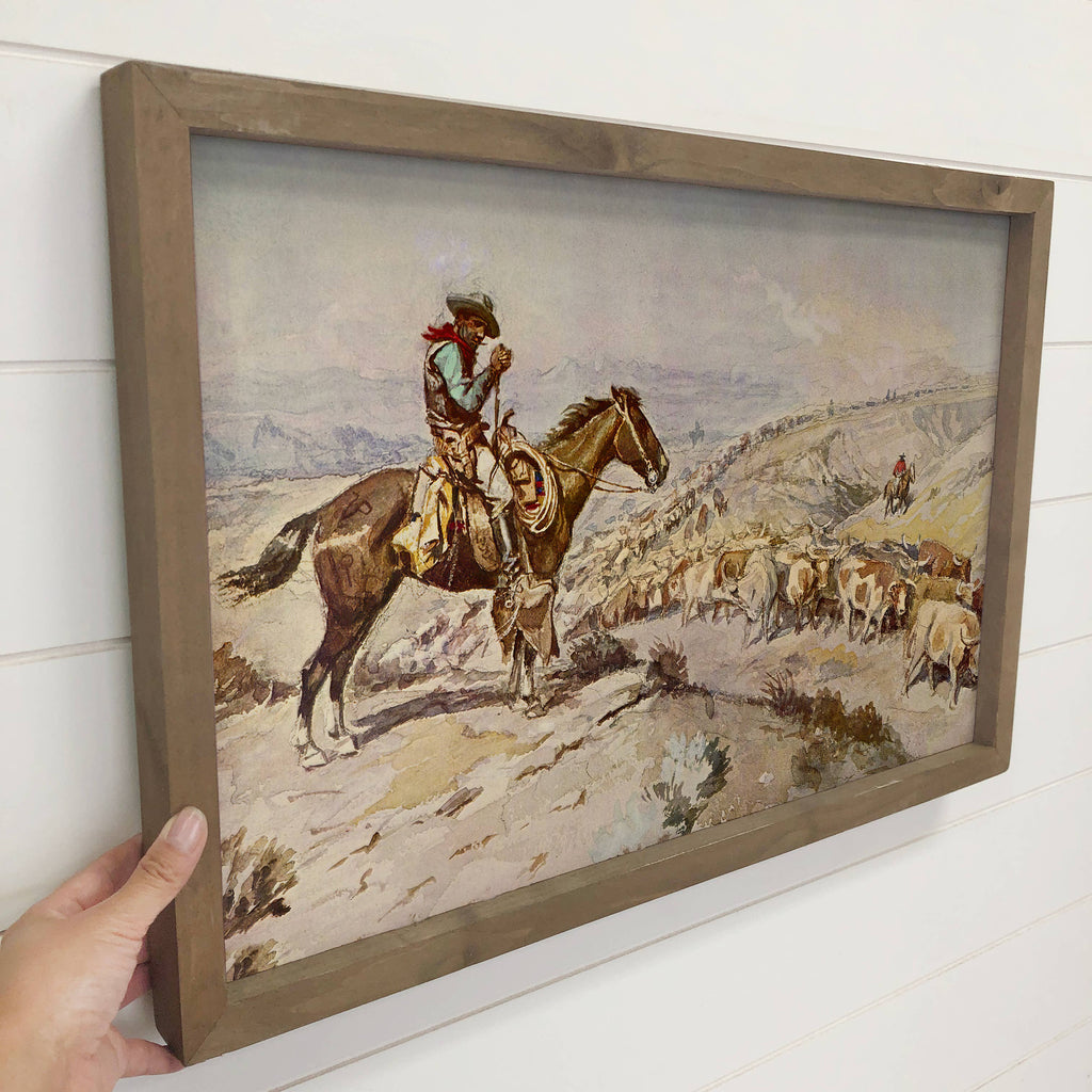 Cowboy Cattle Drive - Ranch House Canvas Art - Wood Framed 6x10