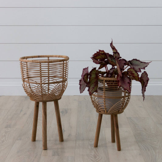 Woven Rattan Footed Baskets (Set Of 02)