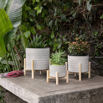 Ceramic Tribal Geometric Planter Wood Stand - Ivory, 6 in.