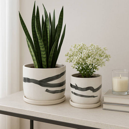 Planters Set of 2 - White Ceramic Painted Saucers, 5/6 in.