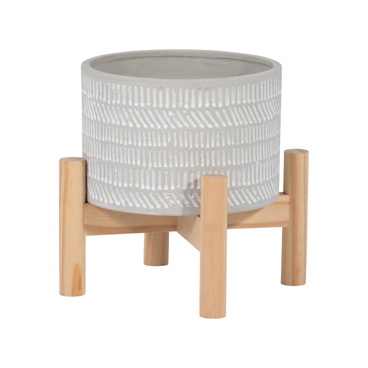 Ceramic Tribal Geometric Planter Wood Stand - Ivory, 6 in.