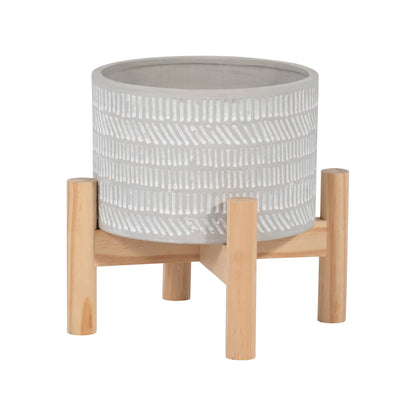 Ceramic Tribal Geometric Planter Wood Stand - Ivory, 6 in.