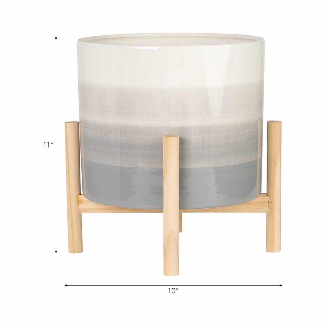 Ceramic Indoor/Outdoor Planter on Wood Stand - Beige, 12 in.