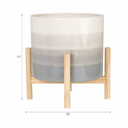 Ceramic Indoor/Outdoor Planter on Wood Stand - Beige, 12 in.