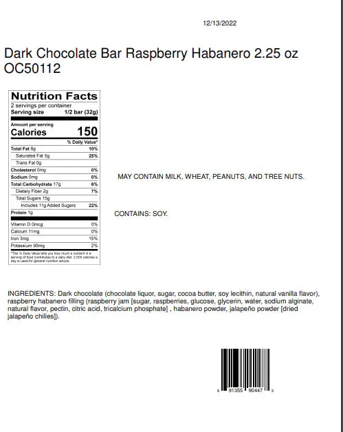 Candy Bar - Dark Chocolate - Raspberry Habanero - 2.25 oz