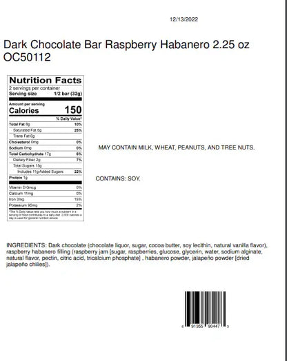 Candy Bar - Dark Chocolate - Raspberry Habanero - 2.25 oz