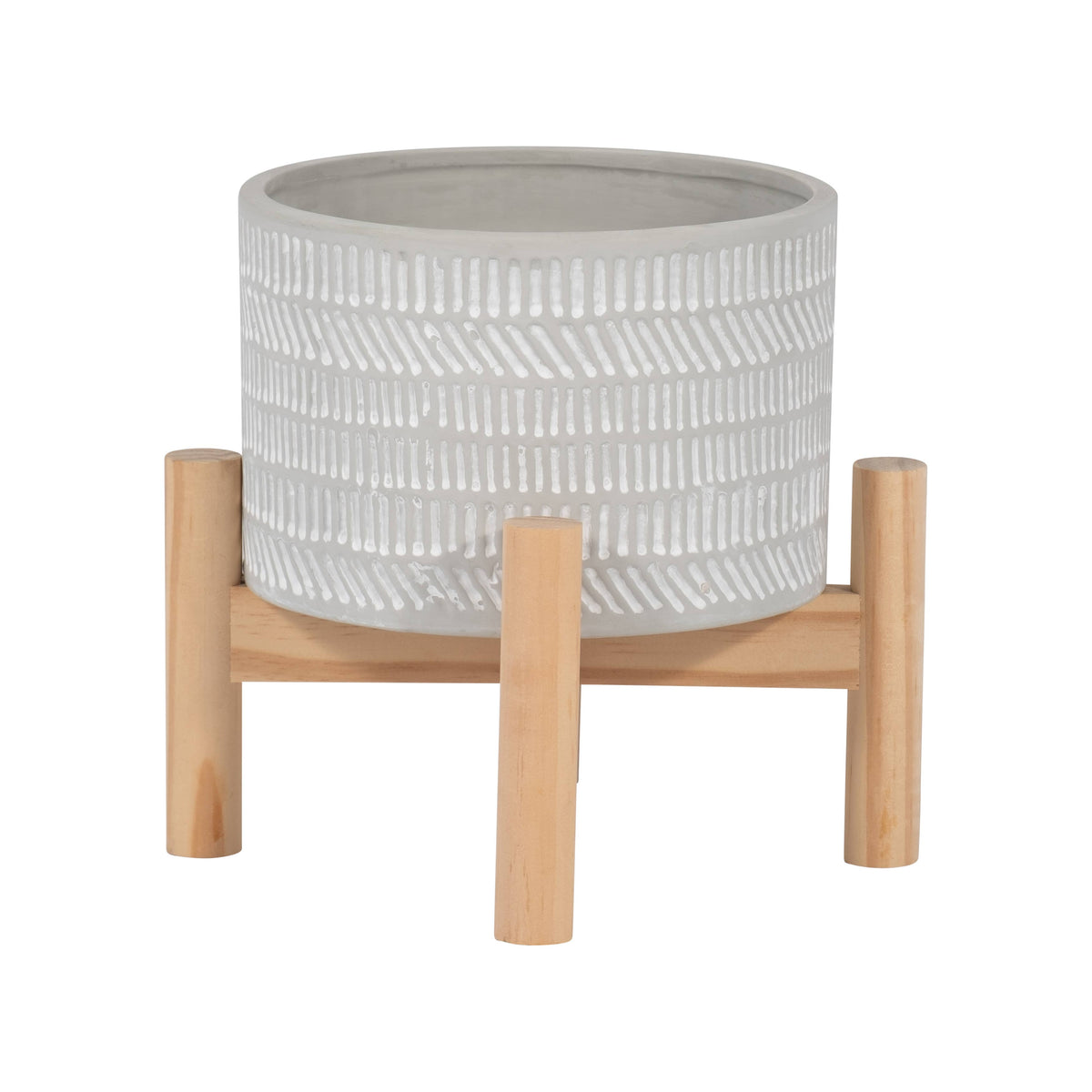 Ceramic Tribal Geometric Planter Wood Stand - Ivory, 6 in.