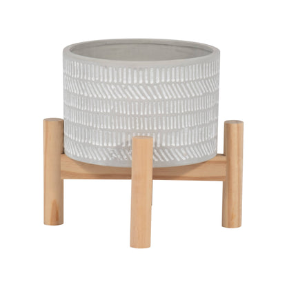 Ceramic Tribal Geometric Planter Wood Stand - Ivory, 6 in.